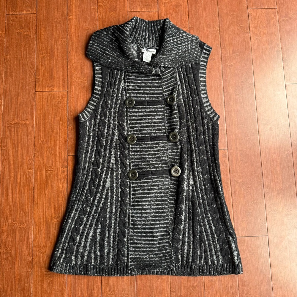 Hannah Black Gray Striped Cable Knit Shawl Collar Sleeveless‎ Vest Women M